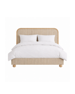 Crawley bed in grey cotton with wood trim around headboard