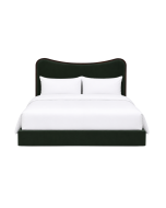 upholstered bed, curved headboard, wood surround