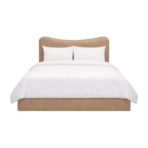 upholstered bed, curved headboard, wood surround