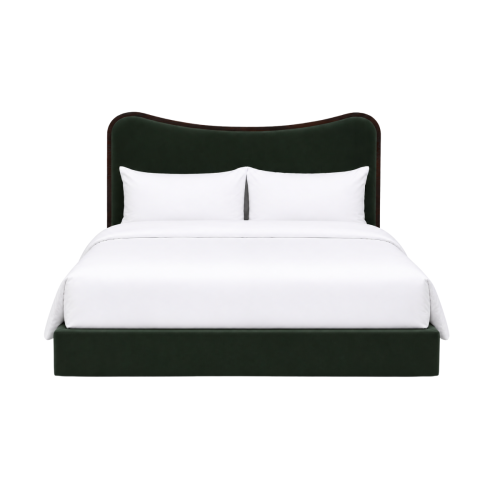 upholstered bed, curved headboard, wood surround